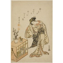 勝川春章: Young Woman with a Caged Monkey (Calendar Print for New Year 1776) - シカゴ美術館