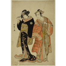 勝川春章: The Actors Matsumoto Koshiro IV and Segawa Kikunojo III as the Lovers Choemon (right) and Ohan (left), in the Elopement Scene 