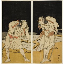 勝川春章: The Actors Nakamura Nakazo I as Omi no Kotoda (right), and Otani Hiroji III as Bamba no Chuda (left), in the Joruri 