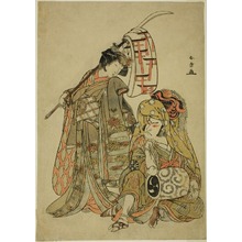 勝川春章: The Actors Nakamura Nakazo I as Onmaya Kisanda Dressed as Kakubei the Lion Dancer (Kakubei-jishi) (right) and Segawa Kikunojo III as Shizuka Gozen (left), in the Dance Sequence 