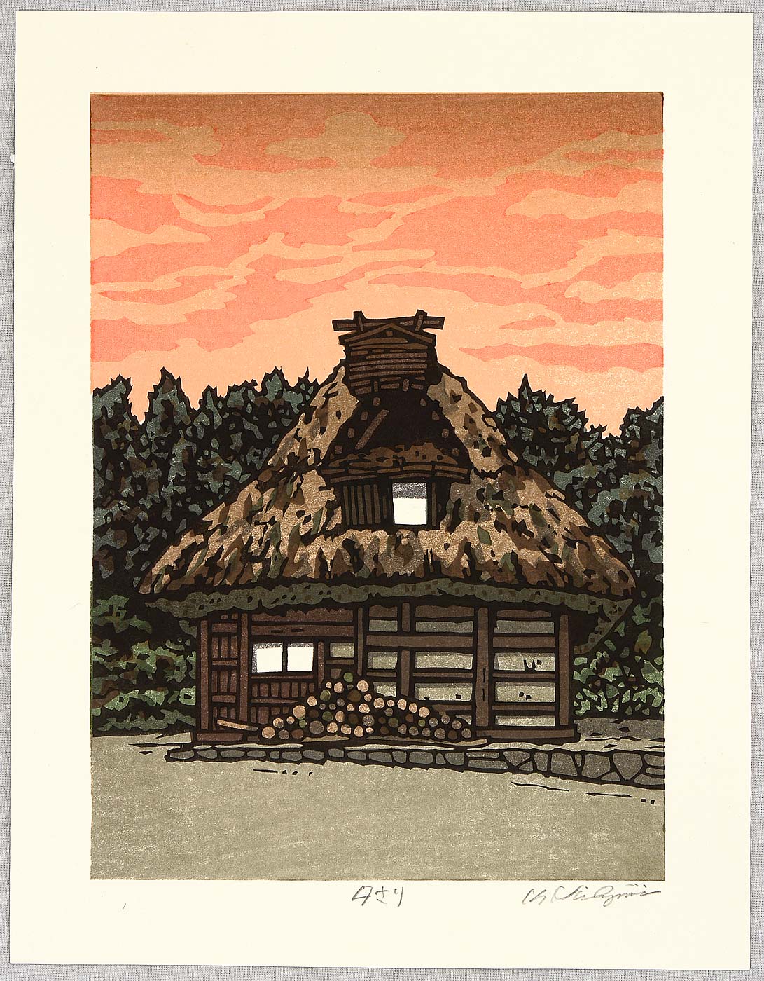 Nishijima Katsuyuki: Thatched Roof House at Sunset - Artelino - Ukiyo-e ...