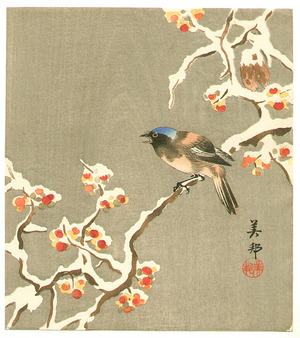 Takahashi Biho: Bird on Snow Covered Berry Branch - Artelino
