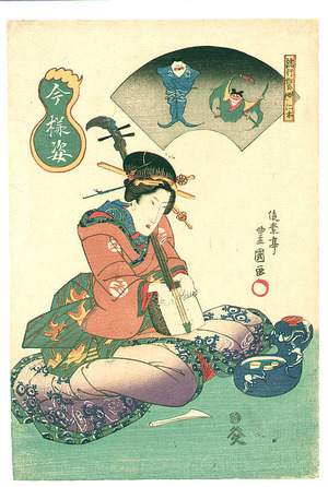 Estampe japonaise "Shamisen Player and Bat Man" par Utagawa Toyokuni (Utagawa II Toyokuni)