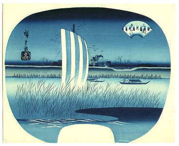 Utagawa Hiroshige: Sail Boat in the Evening (aizuri-e) - Artelino