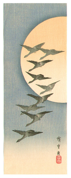 Japanese Print "Geese and the Moon" by Ando Hiroshige, 歌川広重 (Ando Hiroshige)