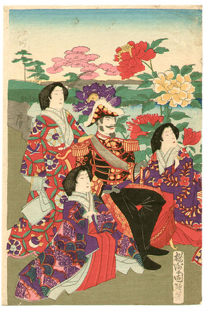 豊原周延: Meiji Emperor and Empress in Peony Garden - Artelino