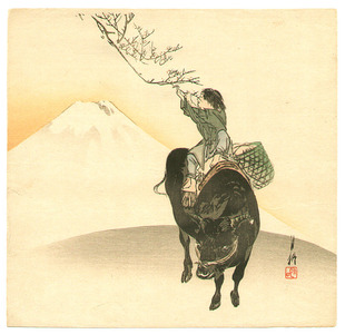 尾形月耕: Mt.Fuji, Boy and Ox - Artelino