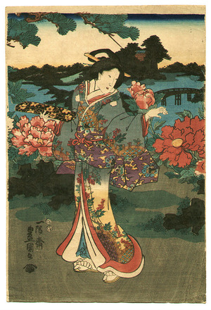 歌川国貞: Bijin in Peony Garden - Artelino