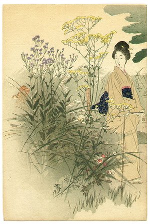 尾形月耕: Seven Flowers of Autumn - Bijin Meisho Awase - Artelino