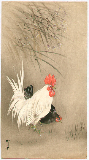 月岡耕漁: Rooster and Hen - Artelino
