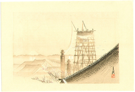 尾形月耕: Drum Tower at Ryogoku and Mt.Fuji - One Hundred Fuji - Artelino