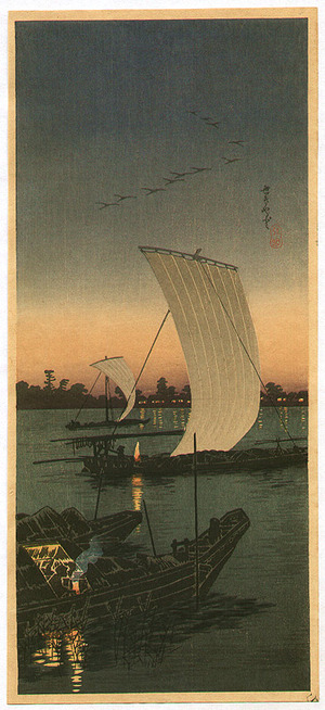 Takahashi Hiroaki: Boats at Sunset - Sekiyado - Artelino