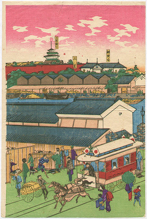 Japanese Print "Fireman Acrobat on Nihon-bashi Bridge" by Kobayashi Ikuhide