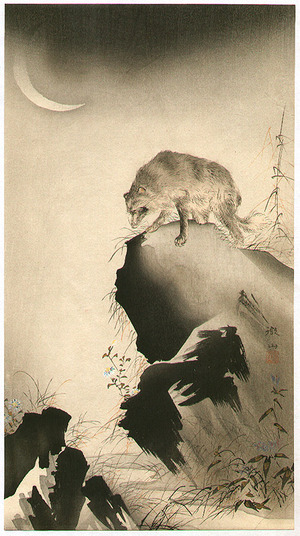 森徹山: Fox on a cliff under a crescent moon - Japanese Art Open 