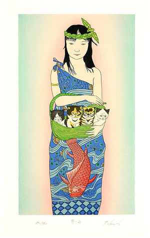 Okamoto Ryusei: Lady, Carp and Four Kittens - Boating (blue) - Artelino