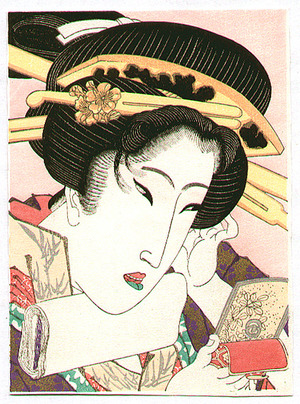 Keisai Eisen: Beauty looking at Mirror - Artelino