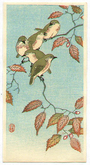 小原古邨: Five Small Birds Perch on Acorn Tree - Artelino