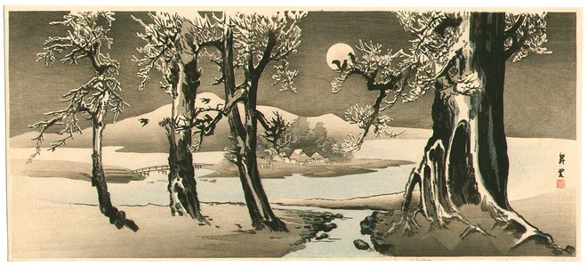 Yamamoto Shoun: Moon and Snow Covered Trees - Artelino