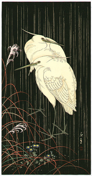 今尾景年: Two Egrets in Rainy Night - Artelino