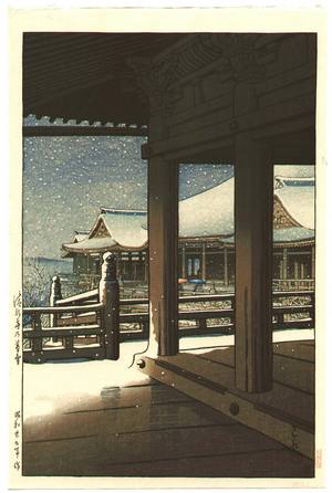 川瀬巴水: Evening Snowfall at Kiyomizu Temple - Artelino