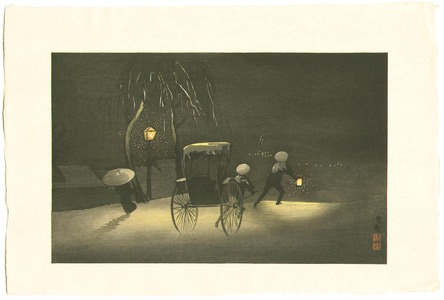 小林清親: Rickshaw in Snow Falling Night - Artelino