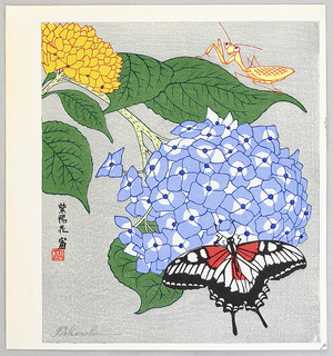 Tokuriki Tomikichiro: Hortensia, Butterfly and Praying Mantis - Artelino