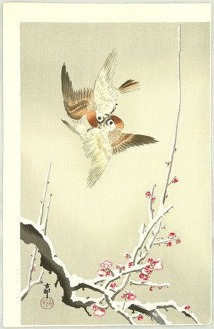 Ohara Koson: Sparrows above Plum Tree - Artelino