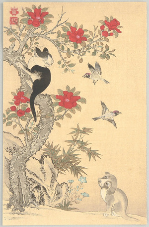 Jakuchu, 伊藤若冲 (Ito Jakuchu)による浮世絵「Birds, Cat and Dog」