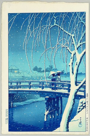 川瀬巴水: Evening Snow, Edo River - Blue Version - Artelino