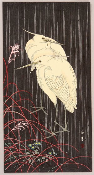 Imao Keinen: Two Egrets in Rainy Night - Artelino