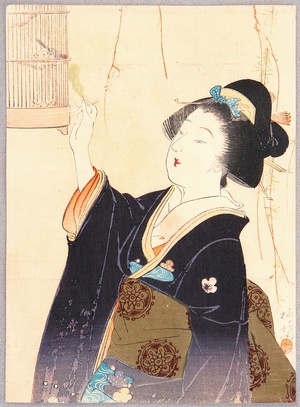 Shimazaki Ryuu: Bijin Feeding a Bird - Artelino