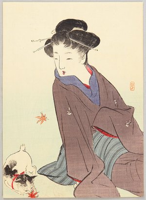 Takeuchi Keishu: Falling Maple Leaves and Cat - Artelino