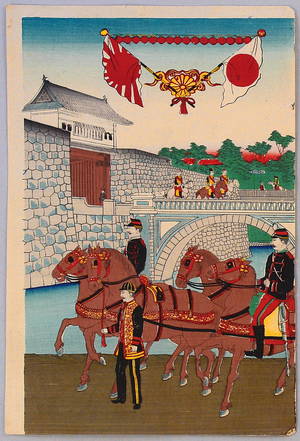 日本版画 "Emperor and Empress at Niju-bashi Bridge" 由 Unknown, 無款 (null) 创作