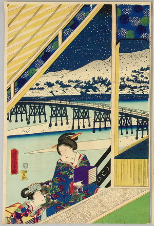 月岡芳年: Prince Genji - Snow Scene at Sanjo Bridge - Artelino