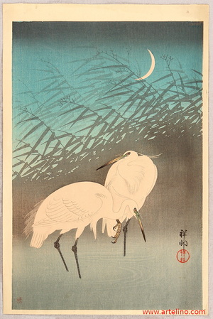 小原古邨: Egrets and Crescent Moon - Artelino