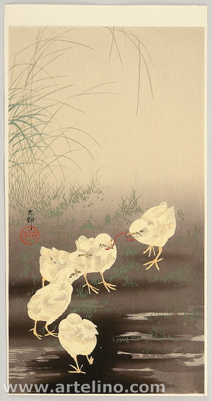 Ohara Koson: Small Chicken and Worm - Artelino