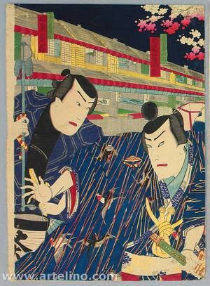 豊原周延: Cherry Blossom Night in Restaurant Quarters - Kabuki - Artelino