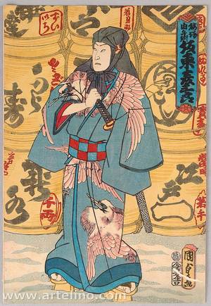 歌川国貞三代: Two Men in front of Many Sake Barrels - kabuki - Artelino