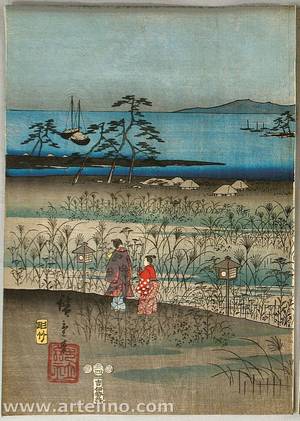 Utagawa Hiroshige: Prince Genji strolls in a Full Moon Night - Artelino