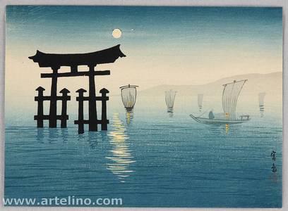 無款: Torii at Miyajima and Sailboats under Full Moon - Artelino