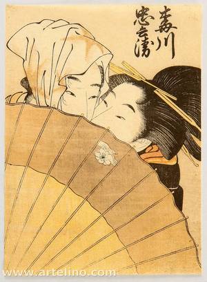 喜多川歌麿: Lovers behind Umbrella - Kabuki - Artelino