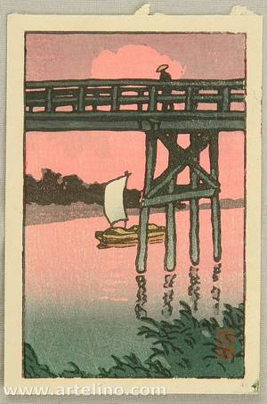 Kawase Hasui: Bridge and Sail Boat - Artelino