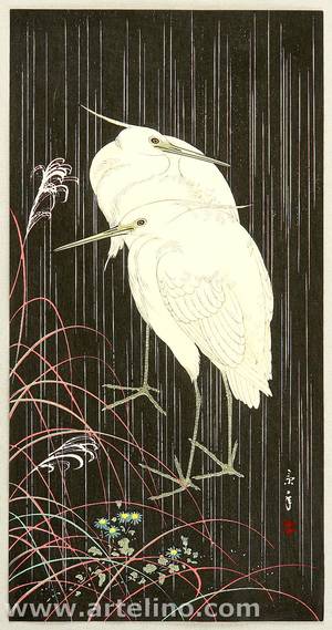 Imao Keinen: Two Egrets in Rainy Night - Artelino