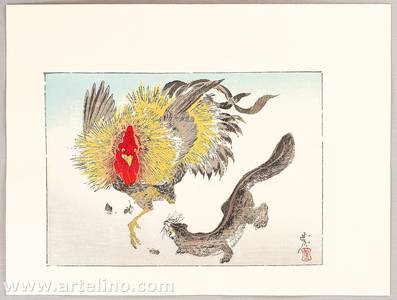 河鍋暁斎: Rooster and Marten - Kyosai Rakuga - Artelino