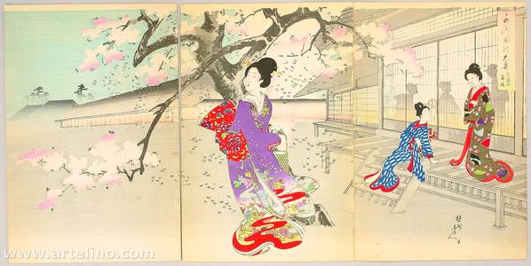 豊原周延: Evening Cherry Blossoms - Ladies of Chiyoda Palace - Artelino