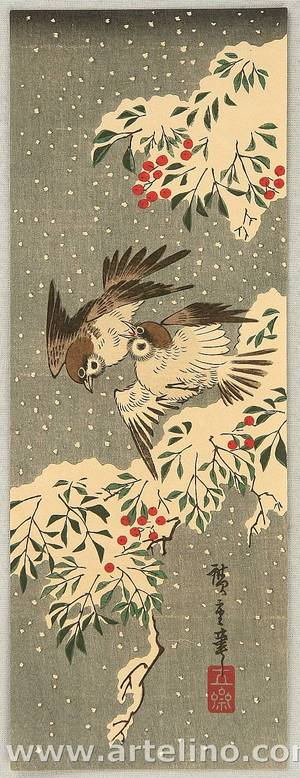 Utagawa Hiroshige: Sparrows in the Snow - Artelino