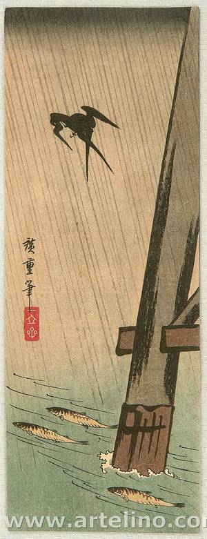 Utagawa Hiroshige: Sparrow and Fish in the Rain - Artelino
