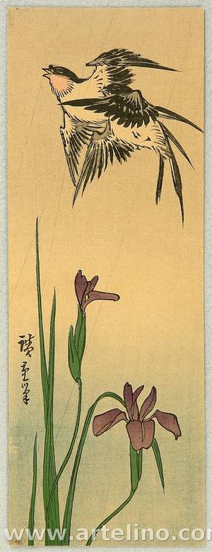 Utagawa Hiroshige: Two Sparrows and Irises - Artelino