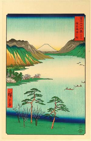 歌川広重: Thirty-six Views of Mt.Fuji - Lake Suwa - Artelino