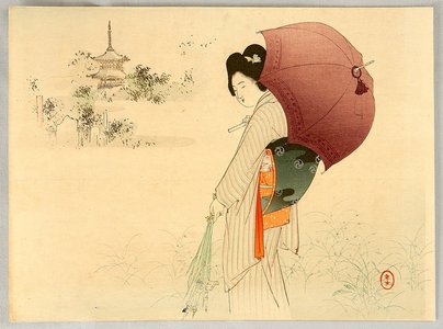 Mizuno Toshikata: Umbrella and Flower - Artelino